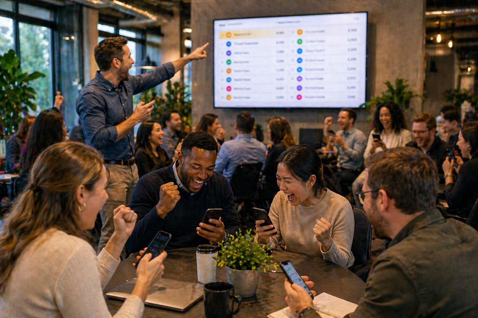 Corporate trivia game being played on multiple devices at a team building event