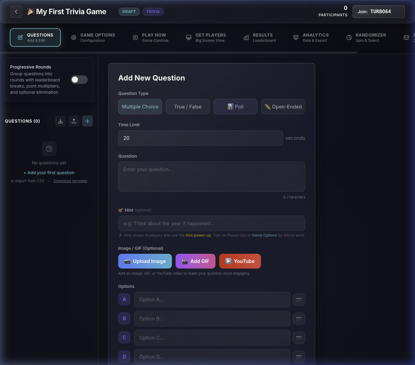 Creating a poll question type in the Trivia Anywhere editor with multiple answer options