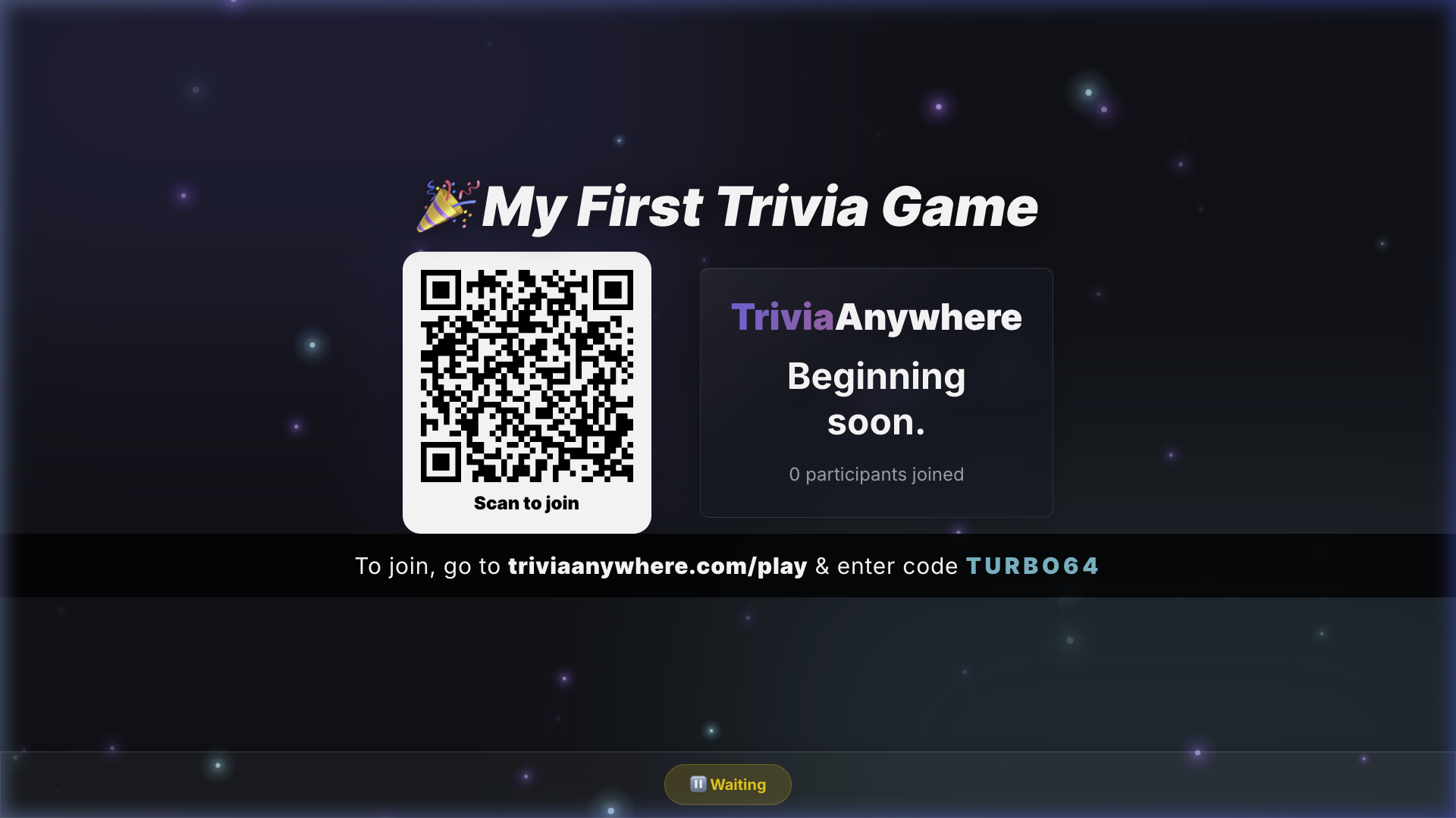 Trivia Anywhere presenter view showing a live trivia game lobby with QR code join and animated background