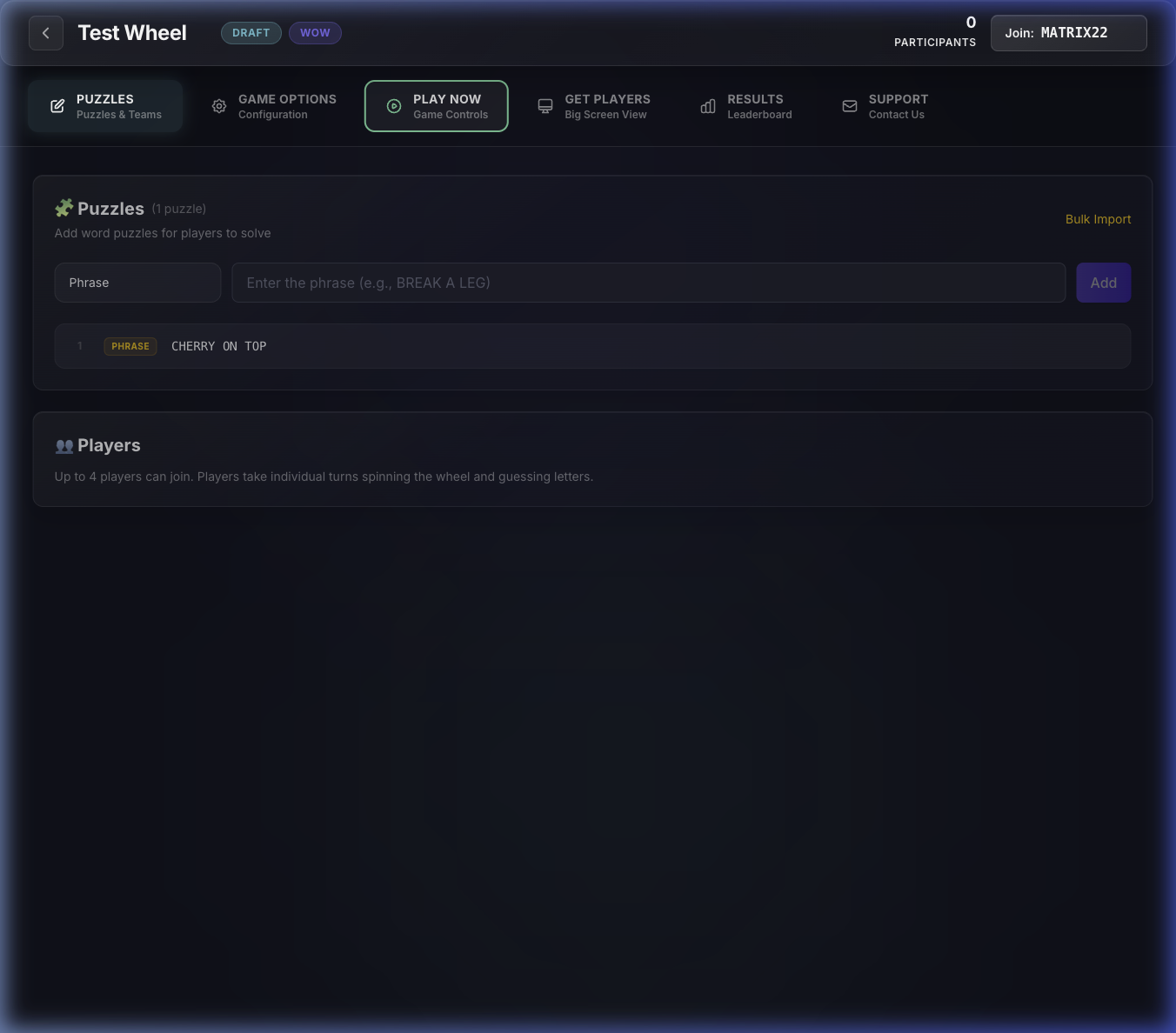 Wheel of Words host controls showing the puzzle board with letter tiles and word puzzle management